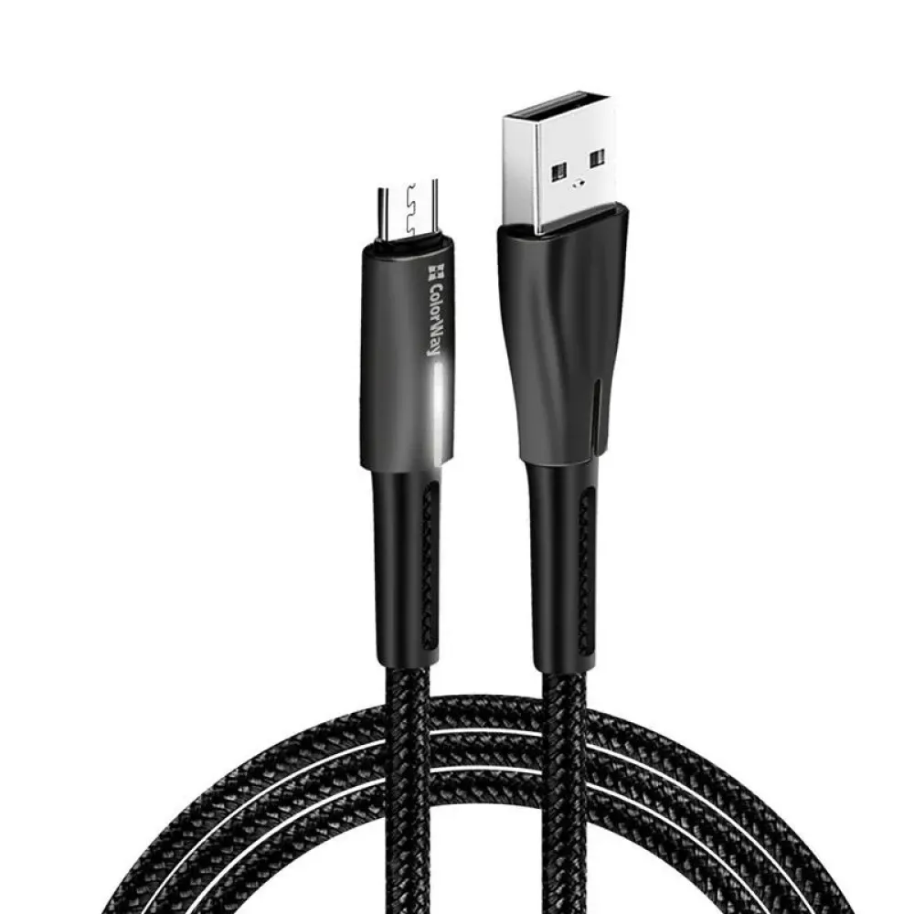Кабель ColorWay USB - micro USB (M/M), Zinc Alloy + Led, 2.4 А, 1 м, Black