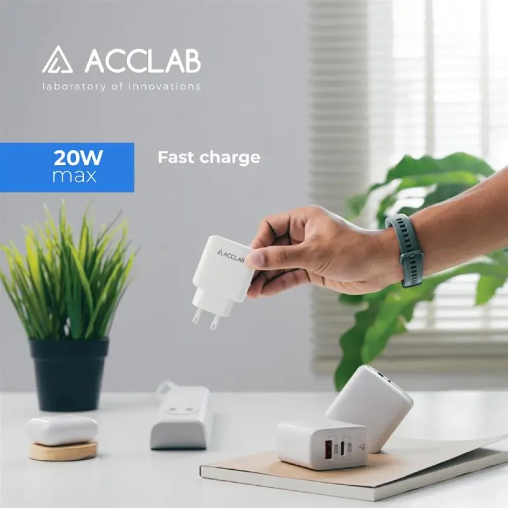 Зарядний пристрій AccLab AL-TC220 (1xUSB, 1xType-C) White
