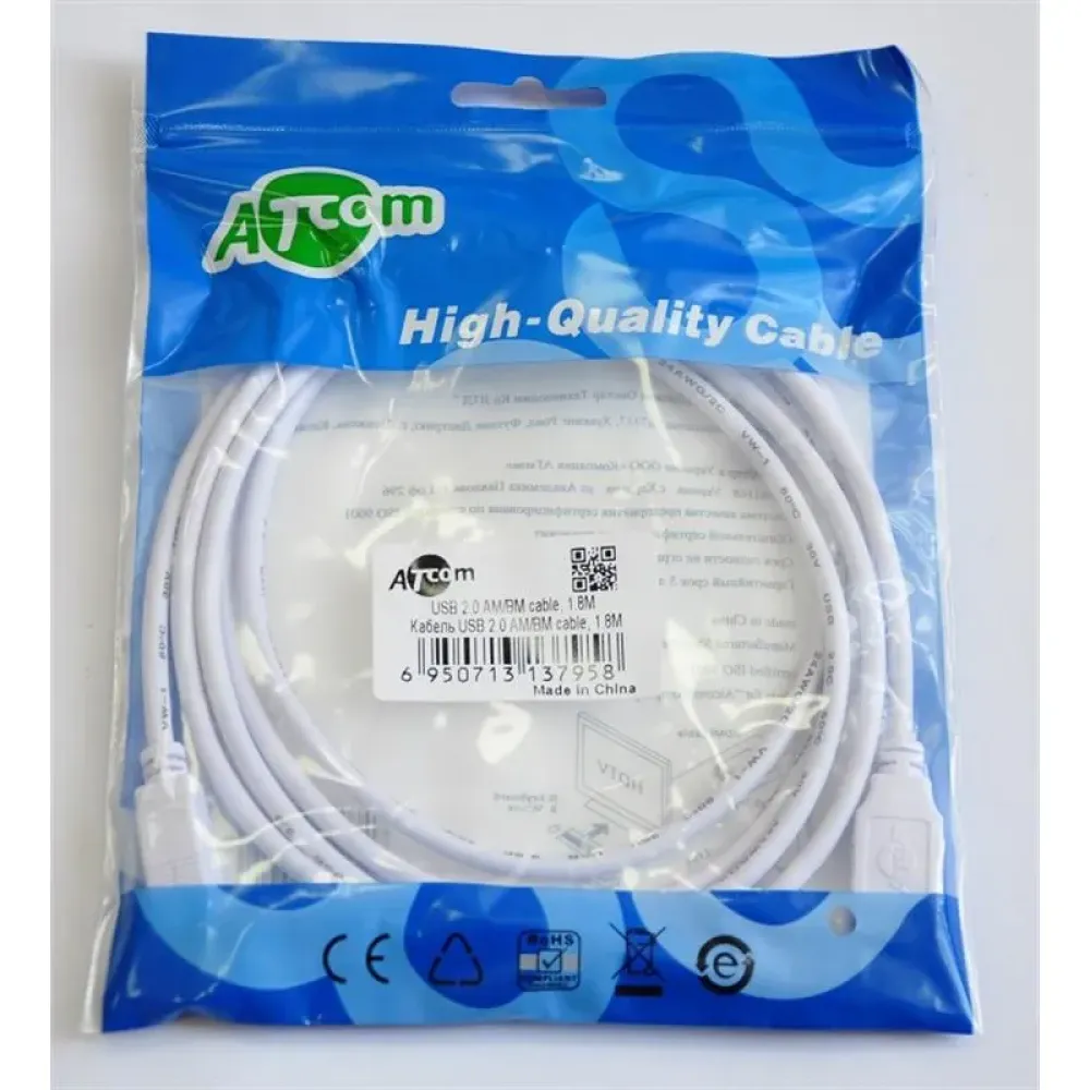 Кабель Atcom USB - USB Type-B V 2.0 (M/M), 1.8 м, ферит, White (3795)