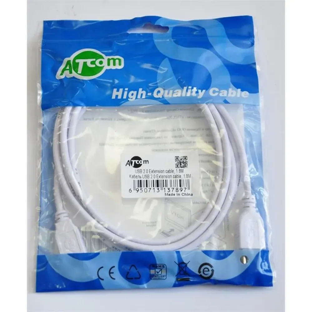 Кабель Atcom USB - USB V 2.0 (F/M), подовжувач, 1.8 м, ferrite core, White