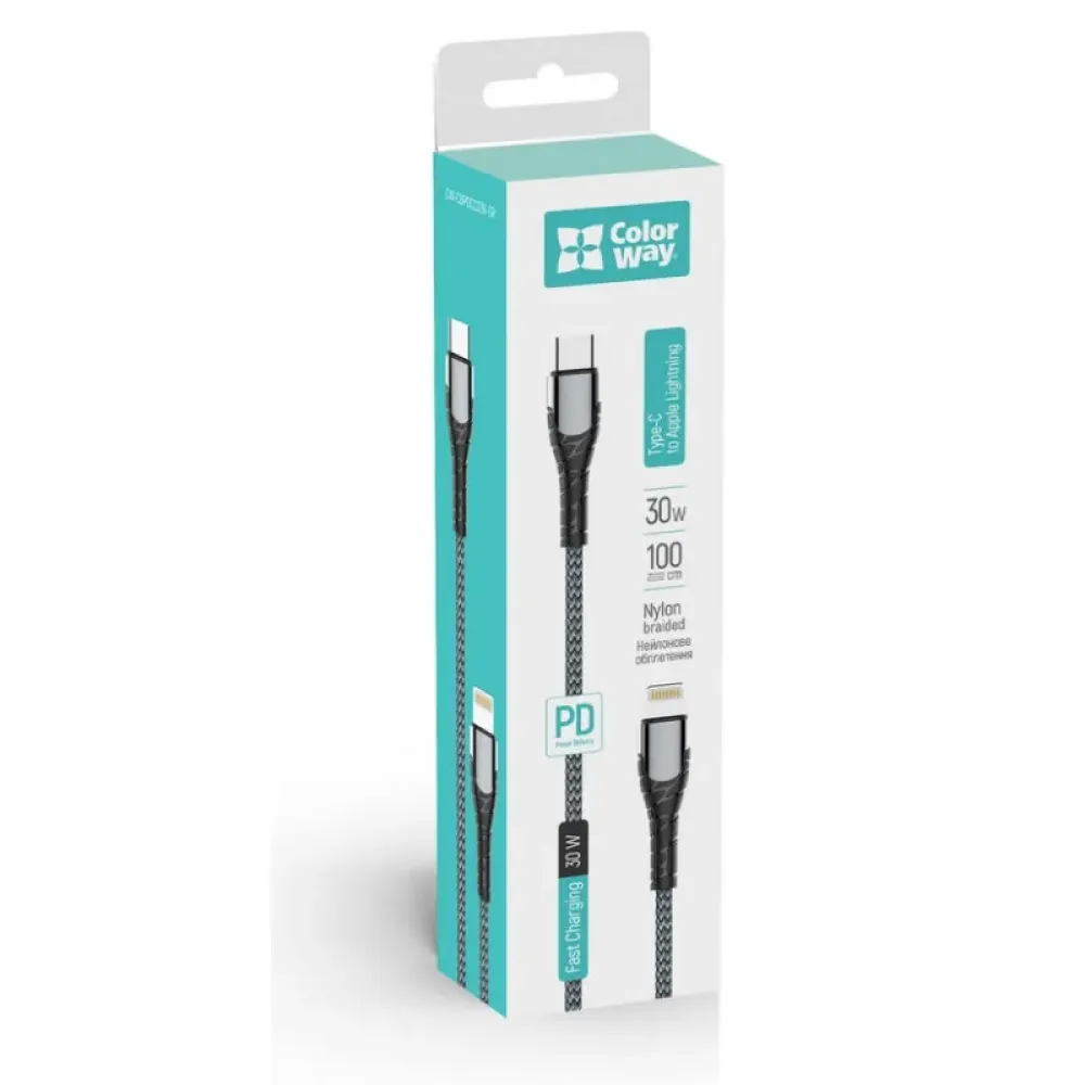 Кабель ColorWay USB-C-Lightning, PD Fast Charging, 3.0А, 1м, Grey