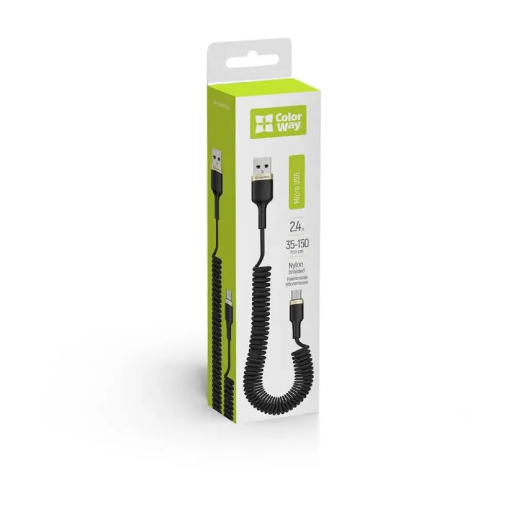 Кабель ColorWay USB - micro USB (M/M), spiral, 2.4 А, 1 м, Black