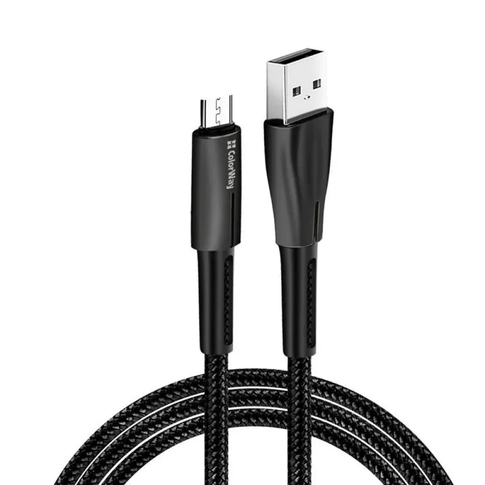 Кабель ColorWay USB - micro USB (M/M), Zinc Alloy + Led, 2.4 А, 1 м, Black