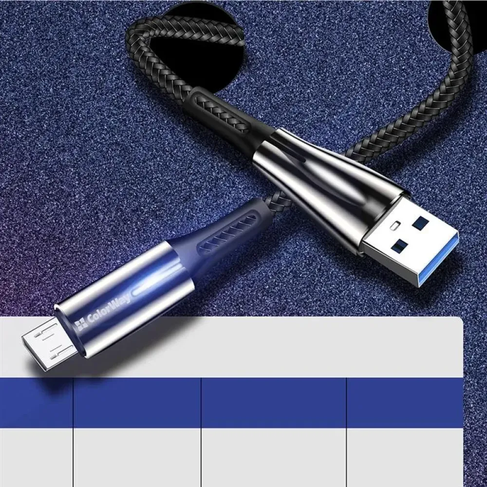 Кабель ColorWay USB - micro USB (M/M), Zinc Alloy + Led, 2.4 А, 1 м, Black