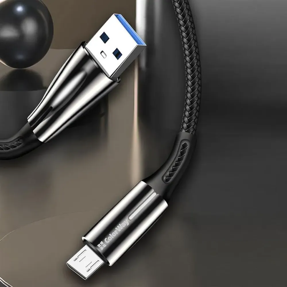 Кабель ColorWay USB - micro USB (M/M), Zinc Alloy + Led, 2.4 А, 1 м, Black