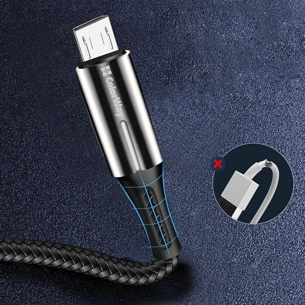 Кабель ColorWay USB - micro USB (M/M), Zinc Alloy + Led, 2.4 А, 1 м, Black