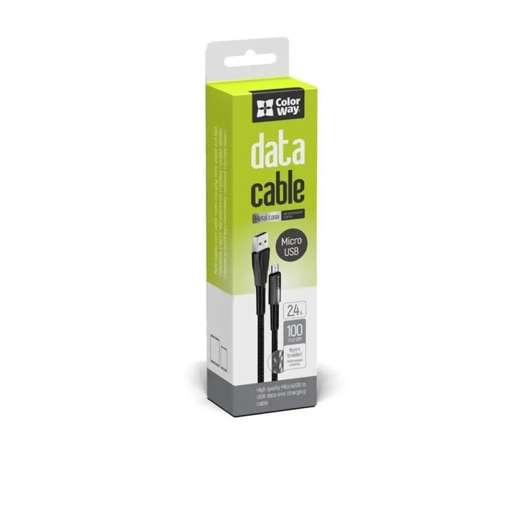 Кабель ColorWay USB - micro USB (M/M), Zinc Alloy + Led, 2.4 А, 1 м, Black