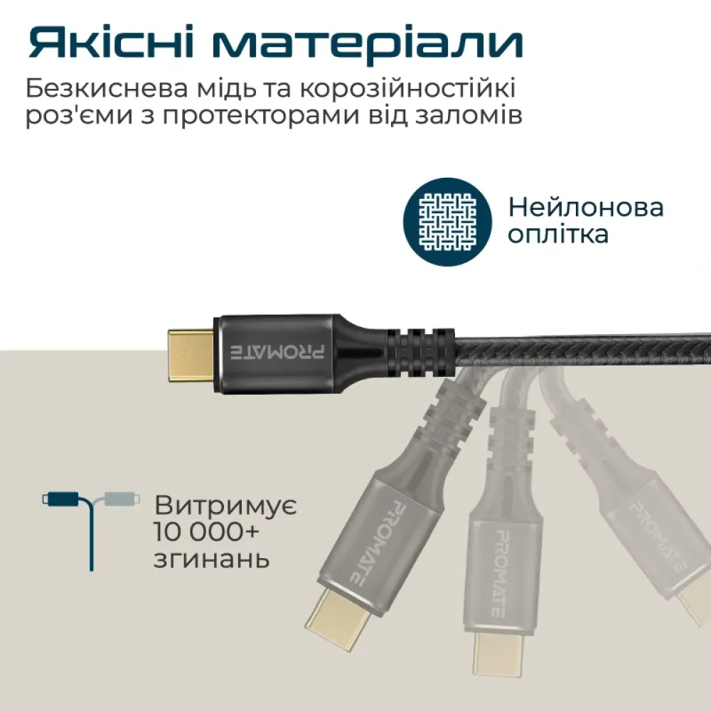 Кабель Promate USB Type-C - USB Type-C (M/M), 5 A, 240 W, 1 м, PowerBolt240 Black