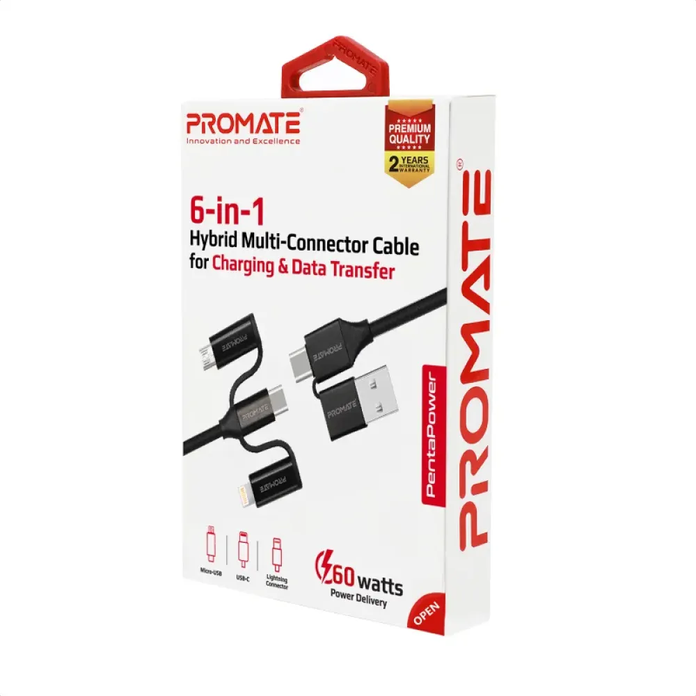 Кабель Promate USB + USB Type-C - Lightning + micro USB + USB Type-C (M/M), 3 A, 60 W, 1.2 м