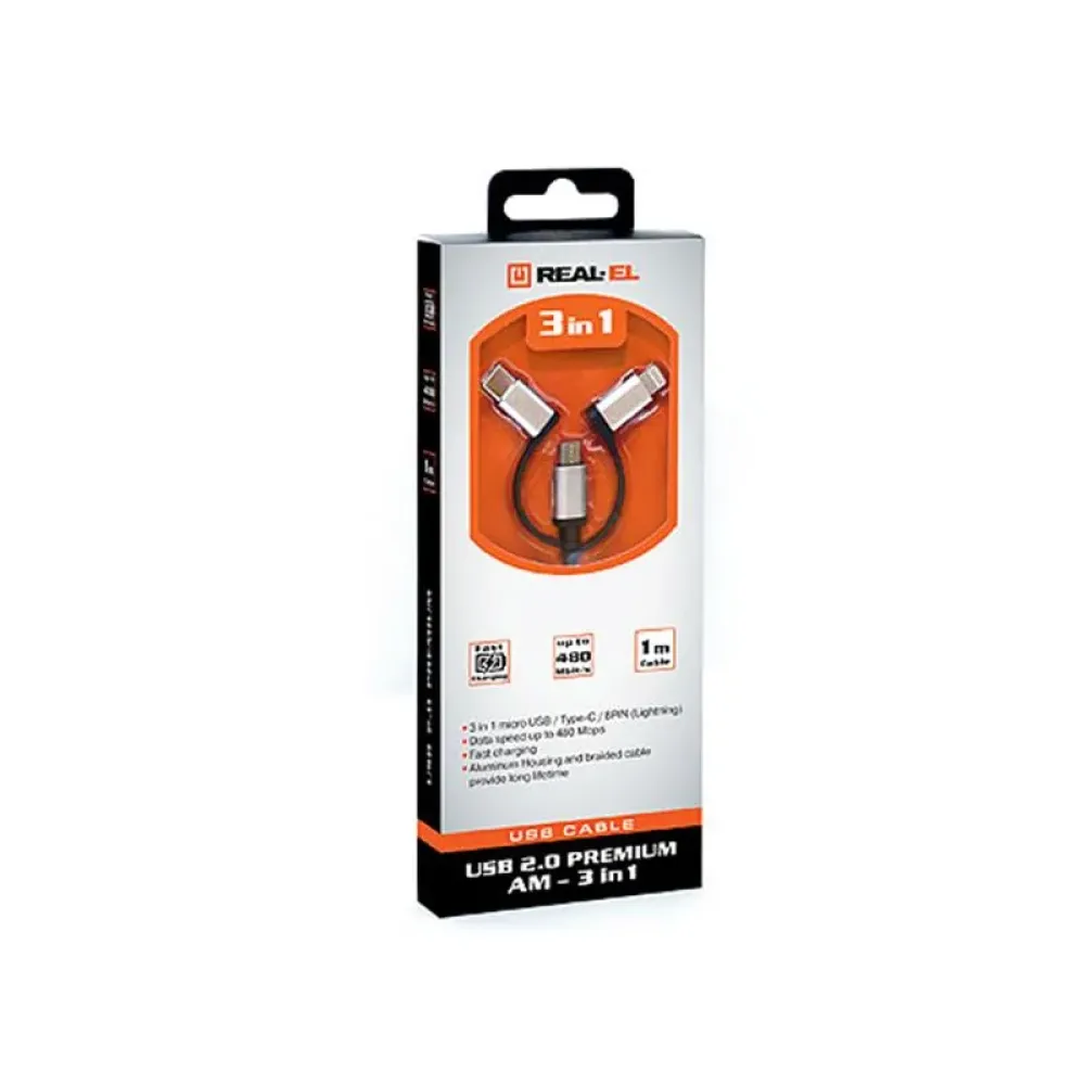 Кабель REAL-EL Premium 3in1 USB - Lightning + micro USB + USB Type-C (M/M), 1 м, чорний