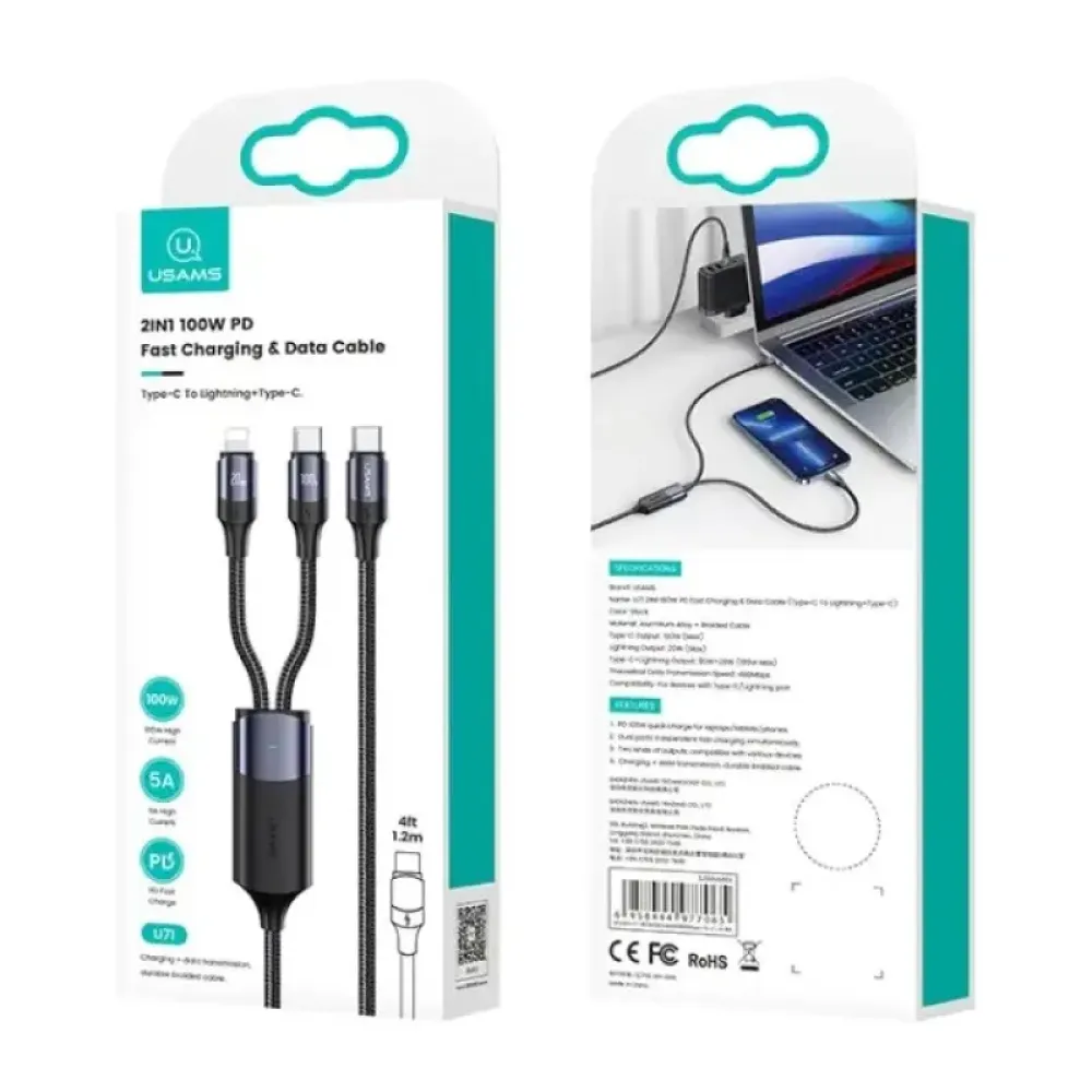 Кабель Usams US-SJ550 U71 USB Type-C - Lightning + USB Type-C, 100W, 1.2 м, Black