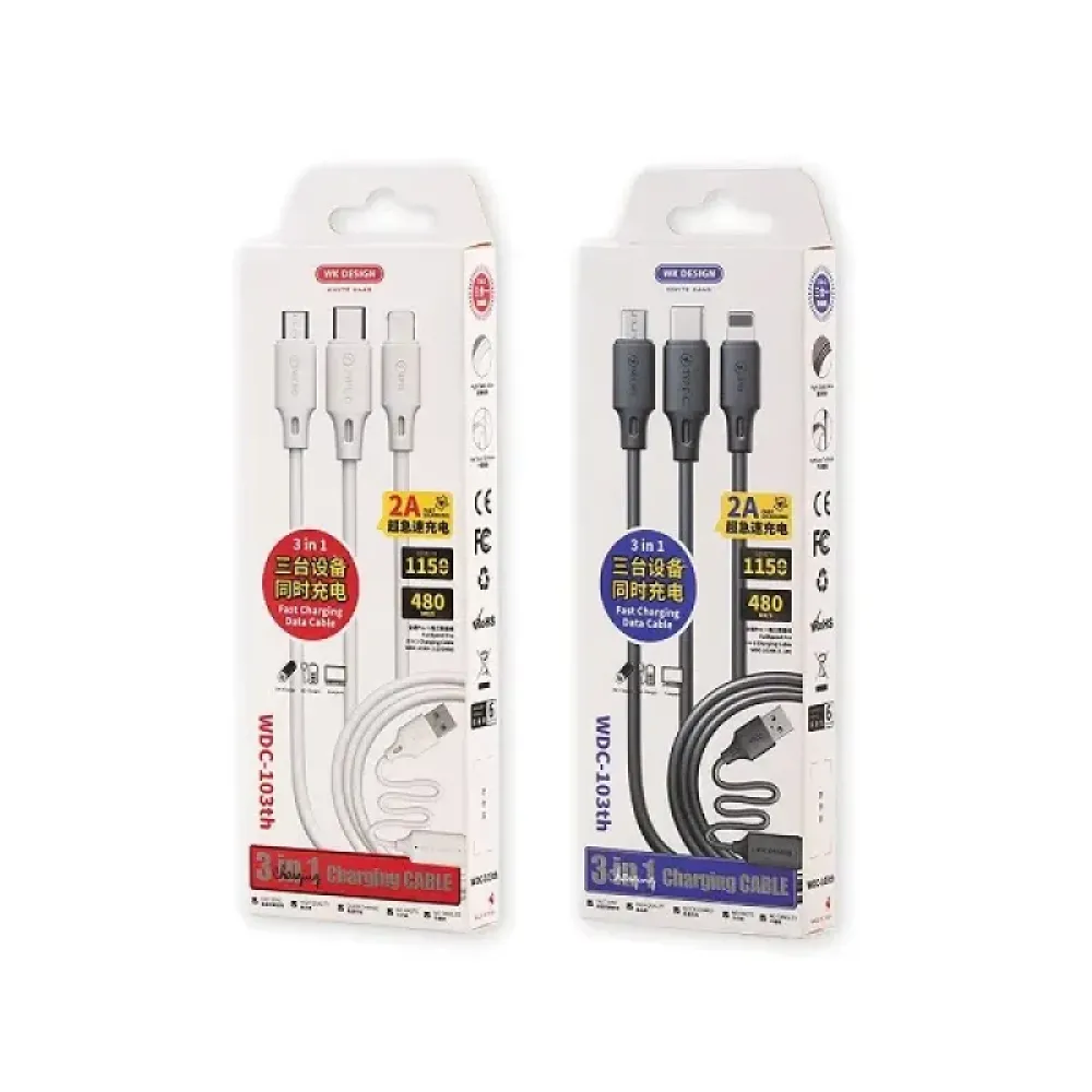 Кабель WK WDC-103th USB - Lightning + micro USB + USB Type-C (M/M), 3 А, 1.15 м, Black