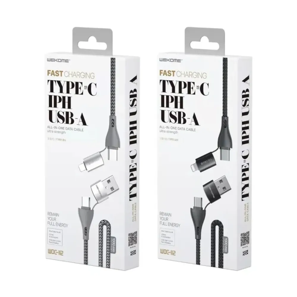 Кабель WK WDC-112 4-in-1 USB + USB Type-C - USB Type-C + Lightning (M/M), 1 м, Silver