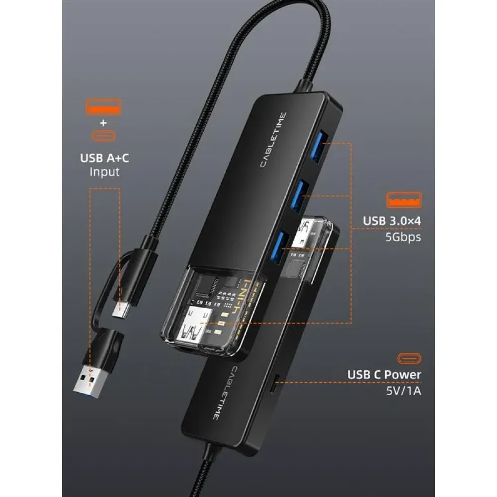 Концентратор Cabletime USB Type C - 4 Port USB 3.0, 0.15 m (CB03B)