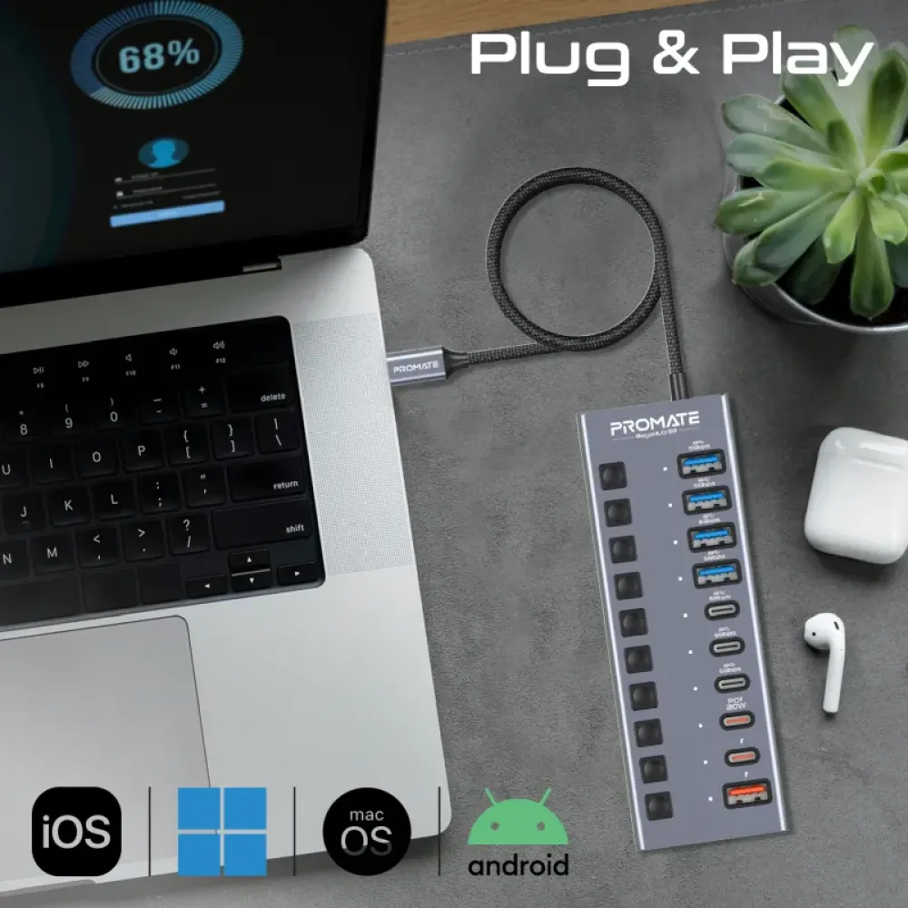 Концентратор USB Type-C Promate Gegahub-5G 10 in 1 Grey