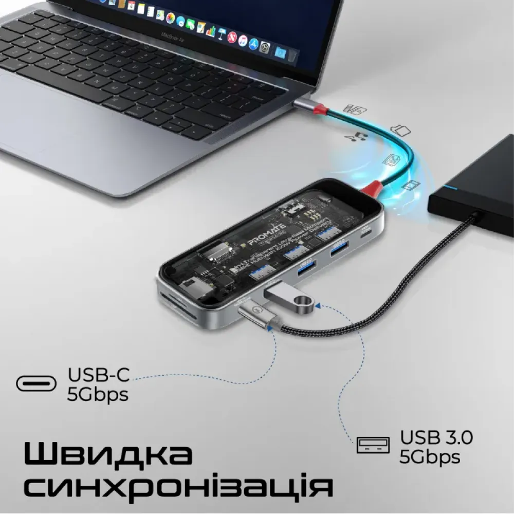 Концентратор USB Type-C Promate TransHub-Go 9 in 1 Grey