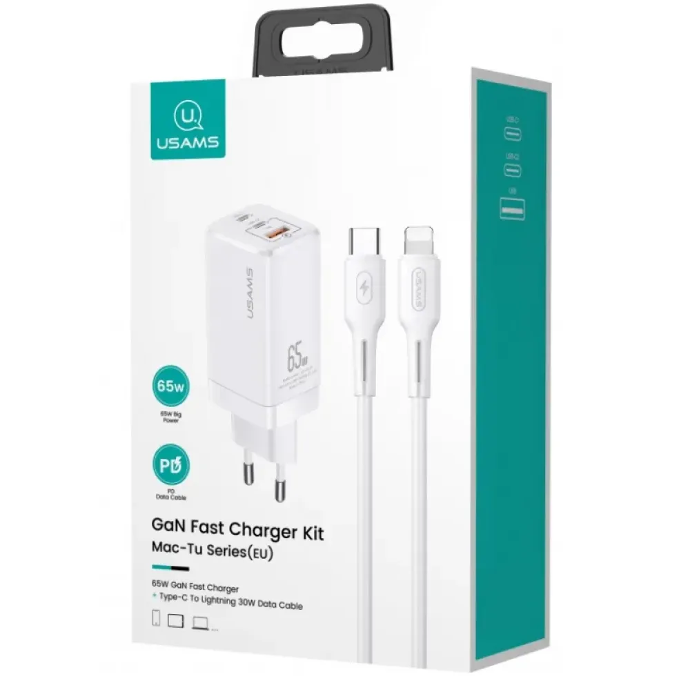 Мережевий зарядний пристрій Usams US-CC110 (1USB, 2USB Type-C) 65W PD + QC3.0 White