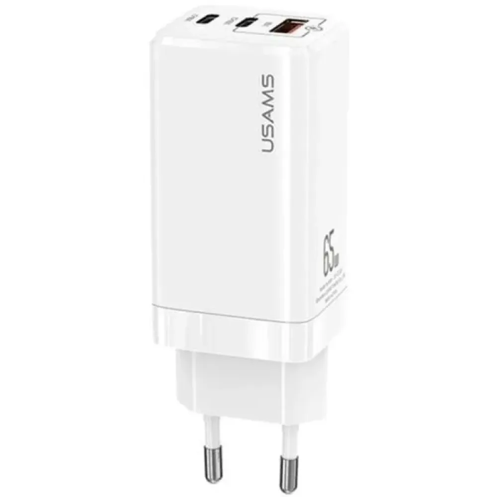 Мережевий зарядний пристрій Usams US-CC110 (1USB, 2USB Type-C) 65W PD + QC3.0 White